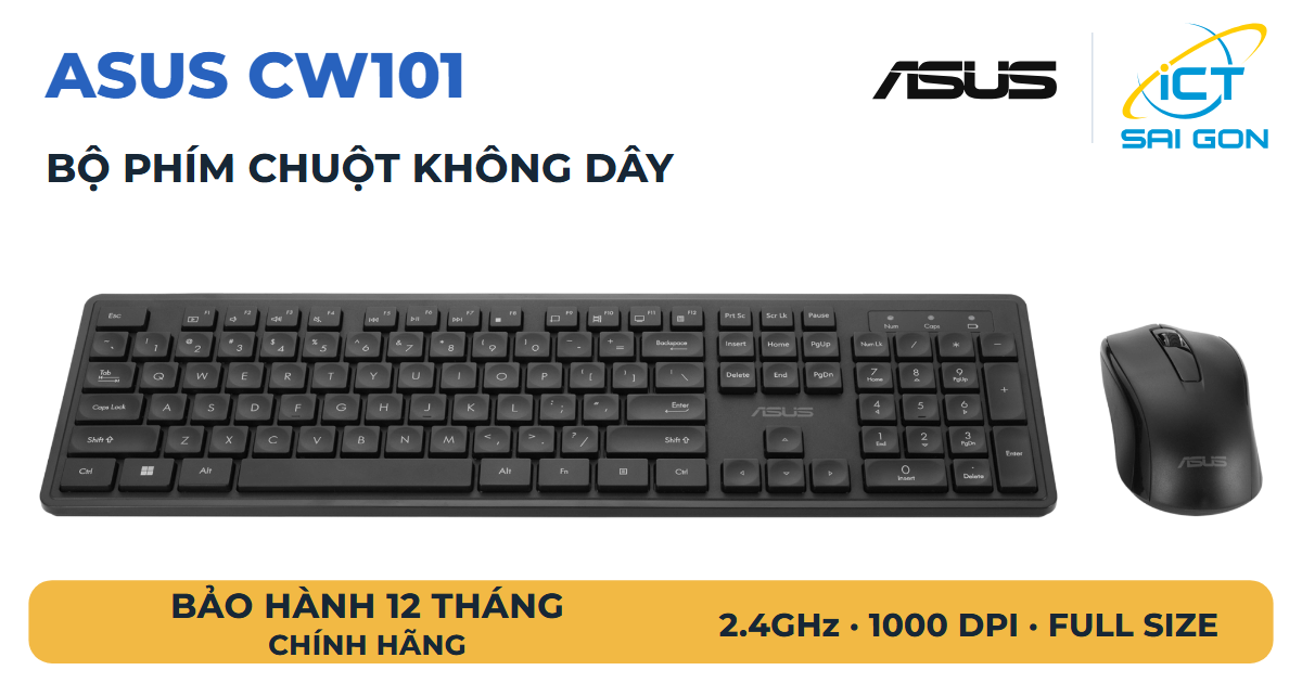 Bộ bàn phím và chuột ASUS CW101 màu đen ở góc nhìn phía trước