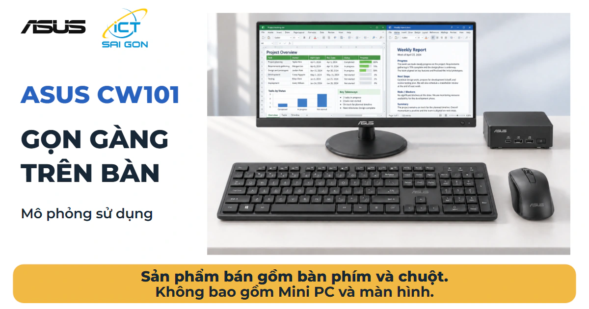 Mô phỏng ASUS CW101 đặt trên bàn cùng Mini PC và màn hình hiển thị bảng tính, tài liệu
