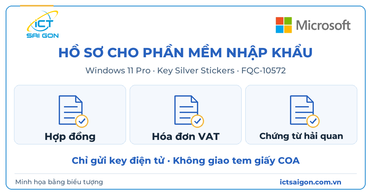 Minh họa bằng biểu tượng: hợp đồng, hóa đơn VAT và chứng từ hải quan cho phần mềm nhập khẩu