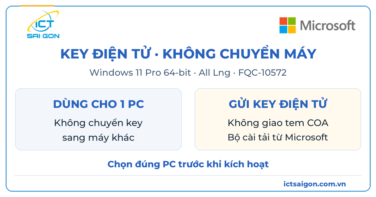 Key Windows 11 Pro cho 1 PC, không chuyển máy; chỉ gửi điện tử, không giao tem COA
